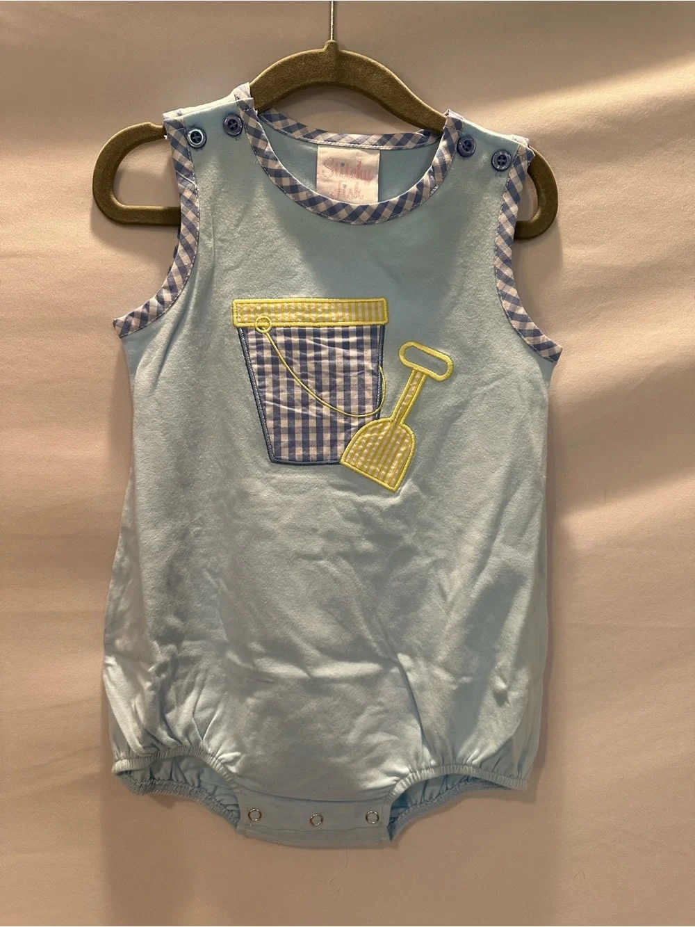Light Blue Tank Romper with Gingham Pocket & Shovel Applique